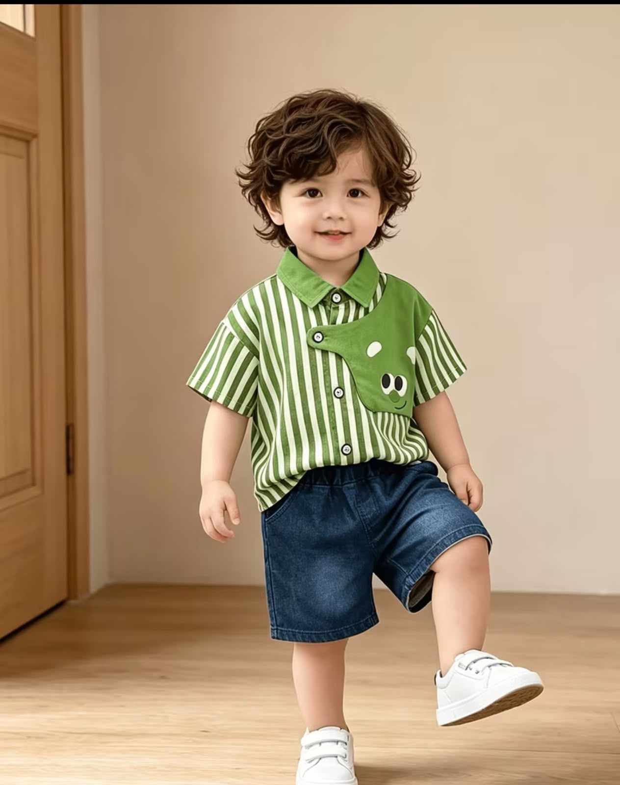 Conjunto de camisa verde a rayas con short denim